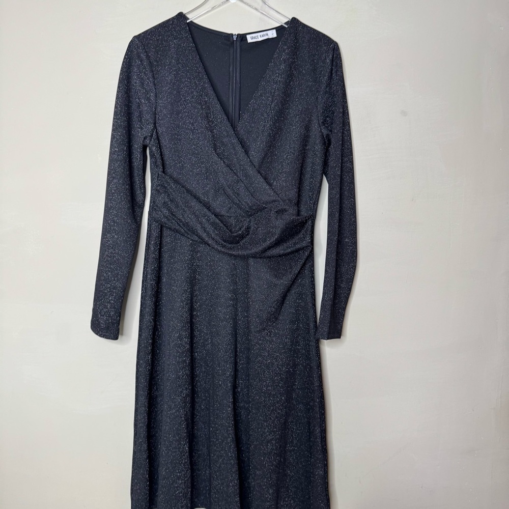 Grace Karin long-sleeve black sparkle knit faux wrap dress size large